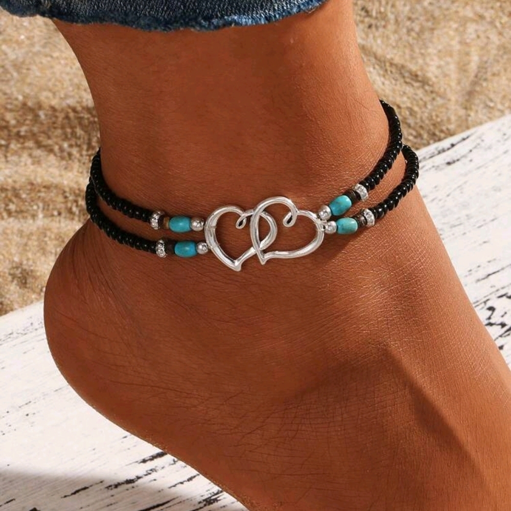 Silver Heart Anklet with Black and Turquoise Beads